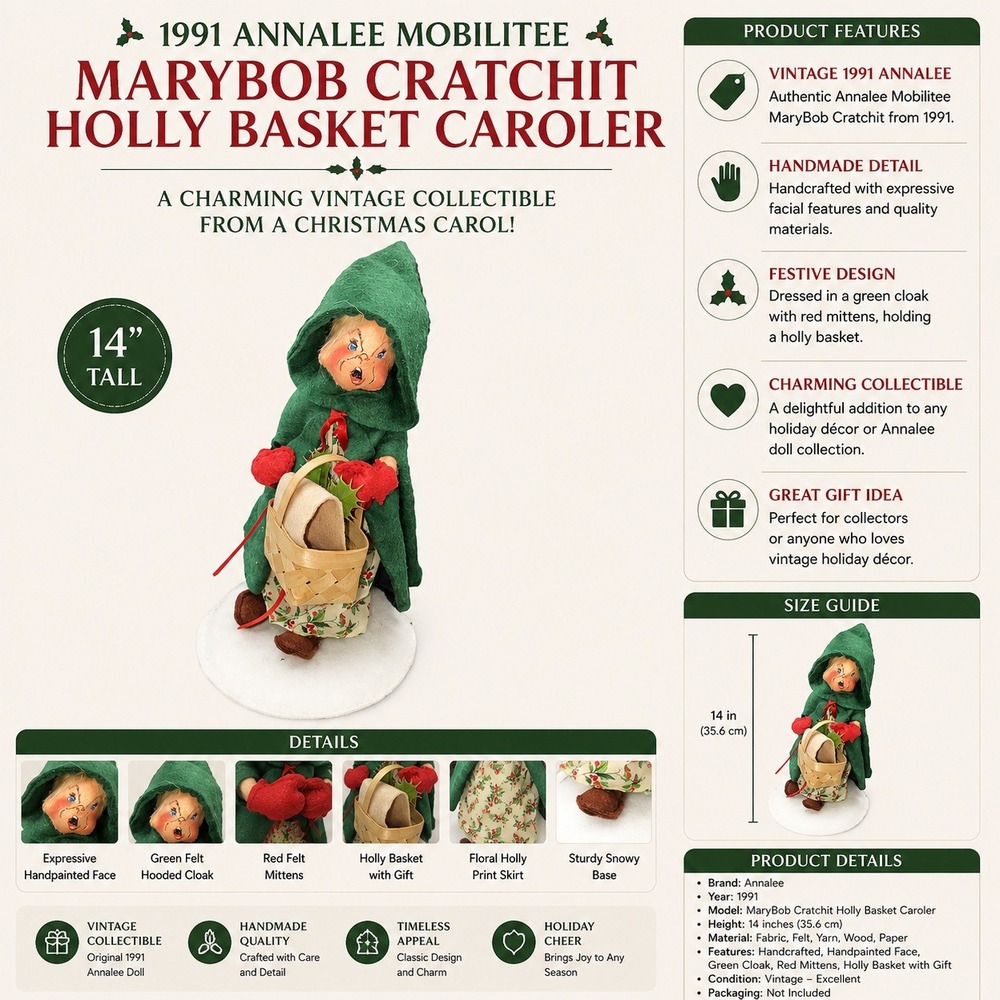 Vintage 1991 Annalee MaryBob Cratchit Holly Basket Caroler 14in Christmas Doll